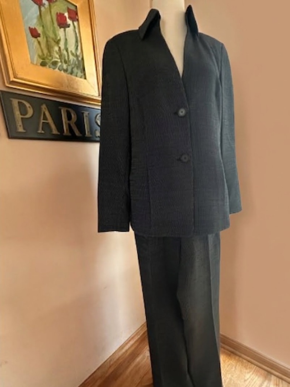 RARE VTG Y2K Women's Akris Black Wool Blend Pinstripe 2 Piece Suit Size 10